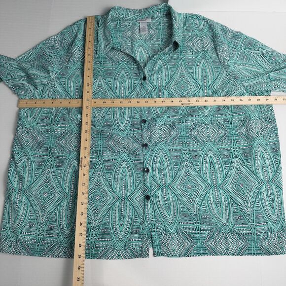 Catherines Button Front Top 3/4 Roll Tab Sleeve Womens 3X Aqua Green Geo Print - Picture 4 of 16